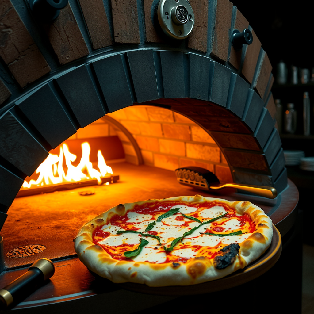 Traditional Italian pizza oven with flames, artisan pizza being prepared by skilled pizzaiolo, authentic brick oven with glowing fire, rustic kitchen setting with professional equipment
