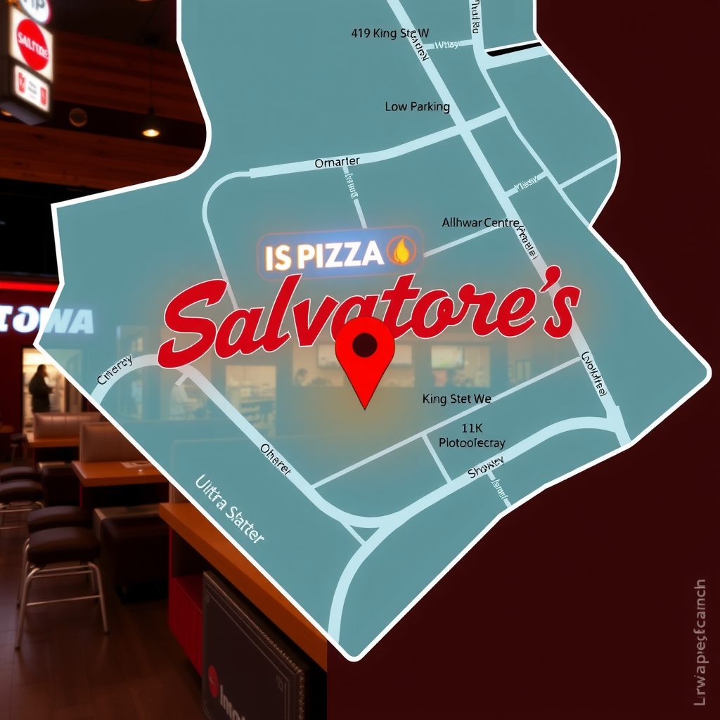 Map showing Salvatore's Pizzeria location at 419 King St W, Oshawa Centre Food Court, Ground Level, Oshawa, Ontario L1J 2K5, Canada with nearby landmarks and parking areas