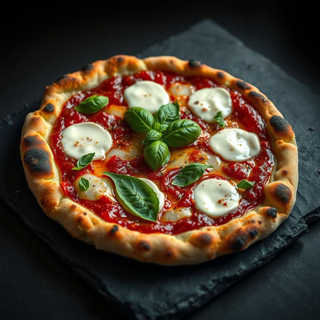 Artisan wood-fired pizza with fresh mozzarella, basil leaves, and San Marzano tomato sauce on a rustic dark slate surface, dramatic side lighting highlighting the melted cheese texture and charred crust edges, professional food photography with shallow depth of field