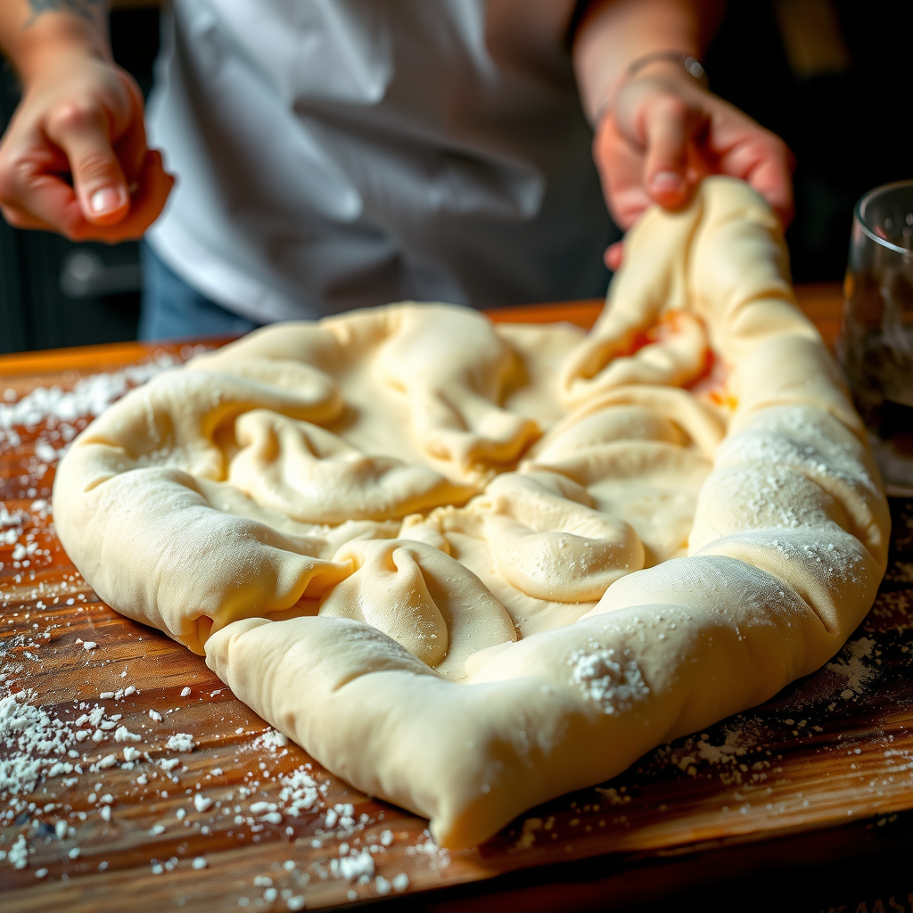 Close-up of traditional Italian pizza dough being hand-stretched by a master pizzaiolo, showing the perfect texture and elasticity achieved through 72-hour fermentation, with flour dust in the air and rustic wooden work surface