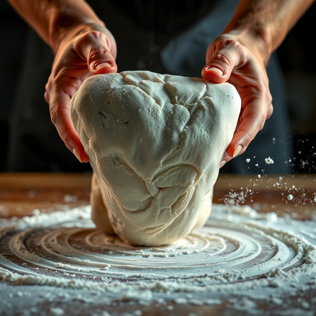 Close-up of artisan pizza dough being stretched by skilled hands, showing the perfect texture and elasticity achieved through 72-hour fermentation, with flour dust in the air and dramatic side lighting highlighting the dough's structure