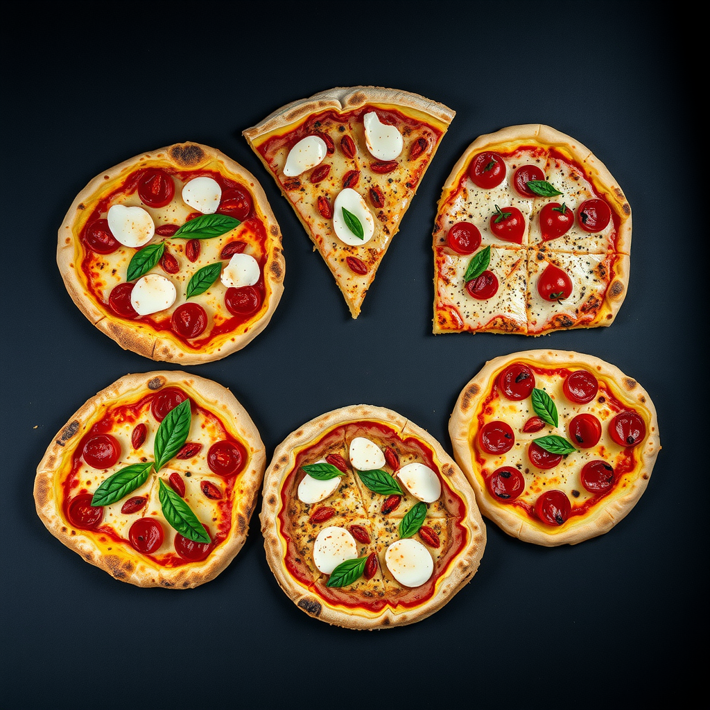 Overhead view of five different regional Italian pizza styles arranged on a dark slate surface with dramatic side lighting, showcasing Roman, Sicilian, Neapolitan, Pugliese, and Ligurian pizzas with their distinct characteristics - thin crispy crusts, thick squares, charred edges, and various toppings