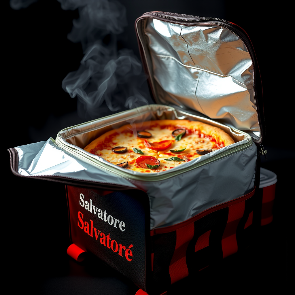 Professional thermal delivery bag with Salvatore branding, insulated interior visible, steam rising from freshly baked pizza inside, photographed against dark background with dramatic side lighting highlighting the metallic insulation material