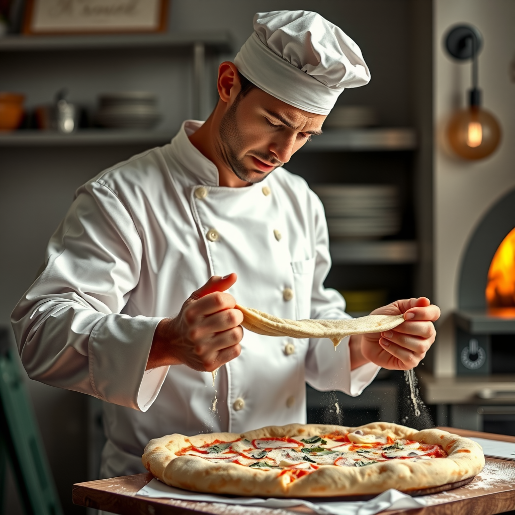 Master pizza maker in white chef's uniform stretching fresh pizza dough with flour dust in the air, dramatic side lighting highlighting the texture of the dough, professional kitchen background with wood-fired oven visible, artisan craftsmanship in action