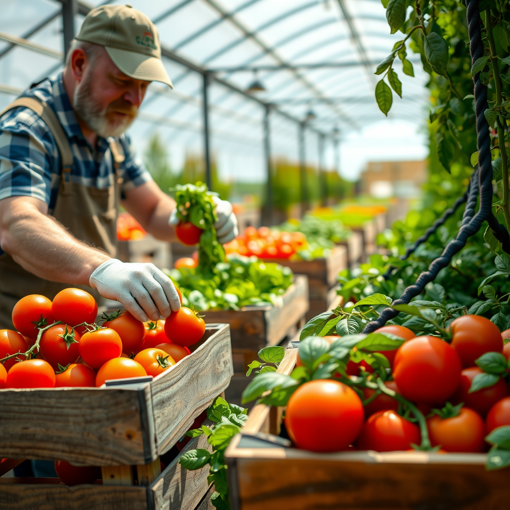 Local Canadian farmer harvesting fresh organic tomatoes and basil in a sunlit greenhouse, with wooden crates filled with colorful vegetables in the foreground