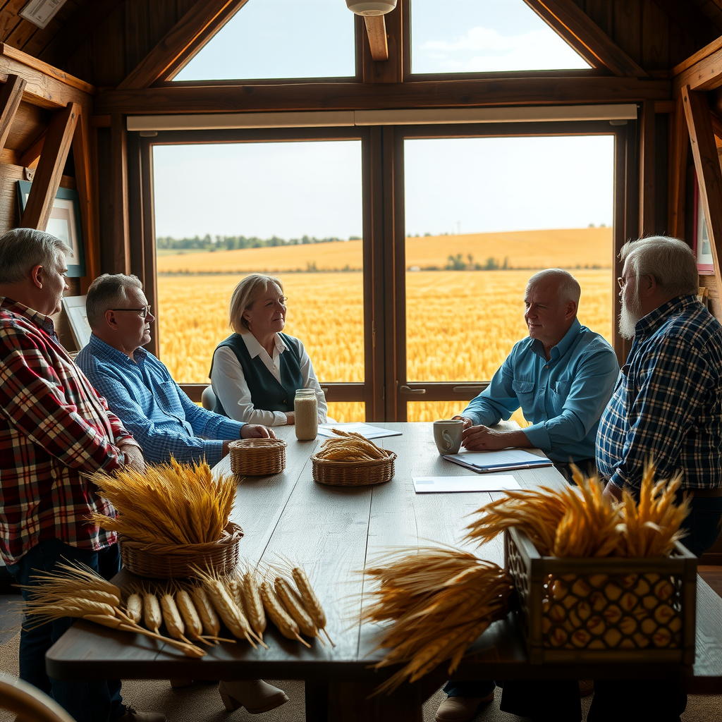 Business meeting between Salvatore representatives and wheat farmers in a rustic barn office, with golden wheat fields visible through large windows and samples of heritage grain varieties on the table