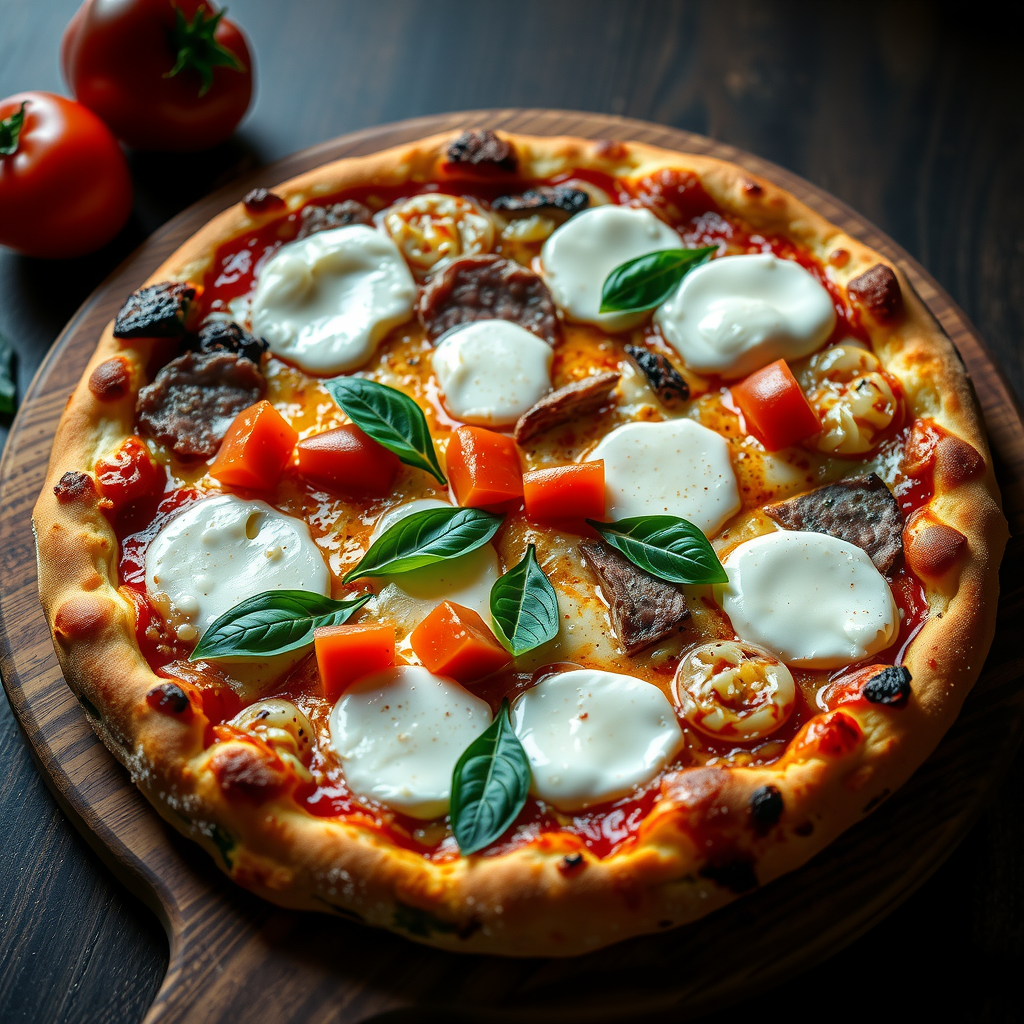 Perfectly baked Salvatore pizza with melted mozzarella, fresh basil leaves, colorful vegetables, and premium meats, photographed from above on a wooden board with dramatic lighting highlighting the texture and freshness of ingredients