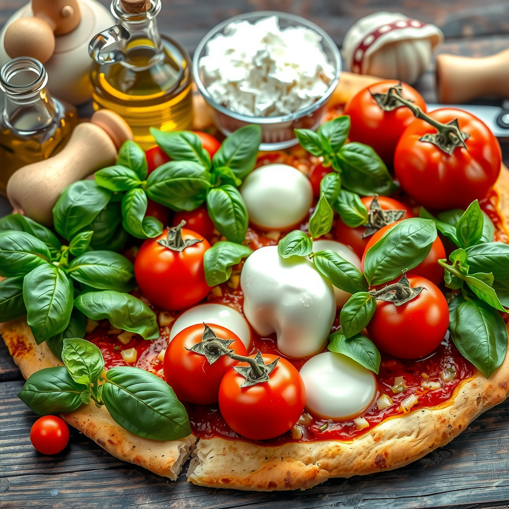Fresh pizza ingredients including San Marzano tomatoes, buffalo mozzarella, fresh basil leaves, extra virgin olive oil, artisan flour, premium toppings arranged on rustic wooden table