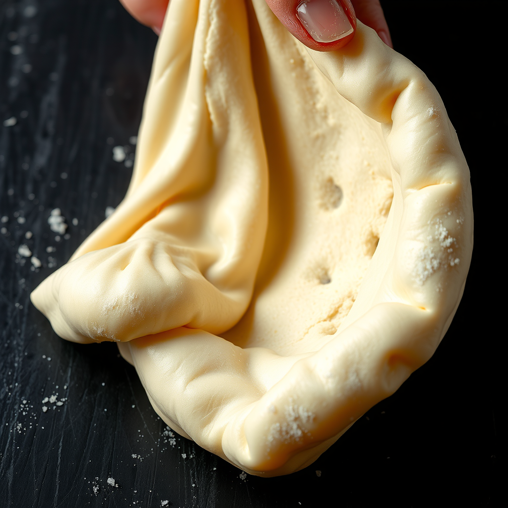 Close-up of artisan pizza dough being stretched by hand, showing the texture and elasticity of 72-hour fermented dough made with Italian flour, dramatic side lighting highlighting the gluten structure and air bubbles, professional food photography on dark slate background