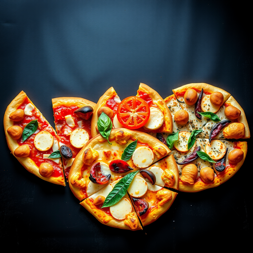 Artistic flat lay composition showcasing five different regional Italian pizza styles side by side - thin Roman pizza al taglio, thick Sicilian sfincione, classic Neapolitan with charred crust, rustic Pugliese focaccia pizza, and Ligurian focaccia with herbs, all on dark slate background with dramatic lighting
