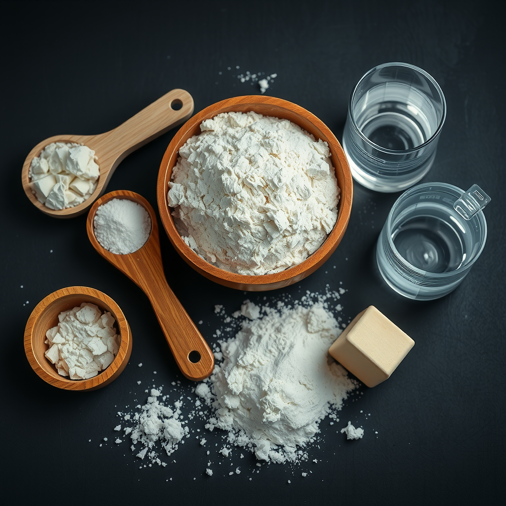 Artistic flat lay of premium Italian 00 flour in a rustic wooden bowl, surrounded by measuring tools, fresh yeast, sea salt, and a glass of pure Canadian spring water on a dark slate surface with dramatic lighting