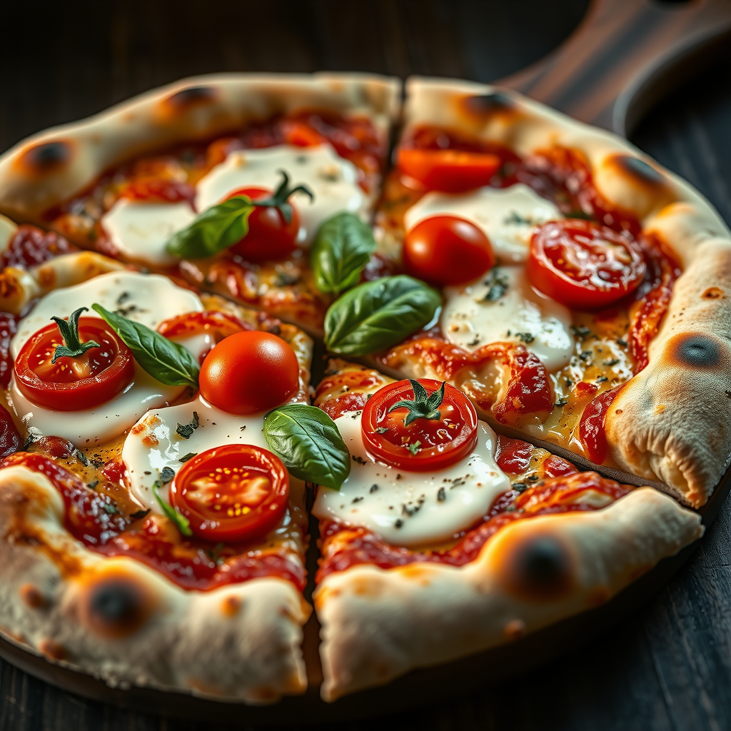 Close-up of Roman style pizza al taglio with ultra-thin, crispy crust cut into rectangular slices, topped with fresh mozzarella, cherry tomatoes, and basil, displayed on rustic wooden board with dramatic lighting highlighting the golden, cracker-like texture