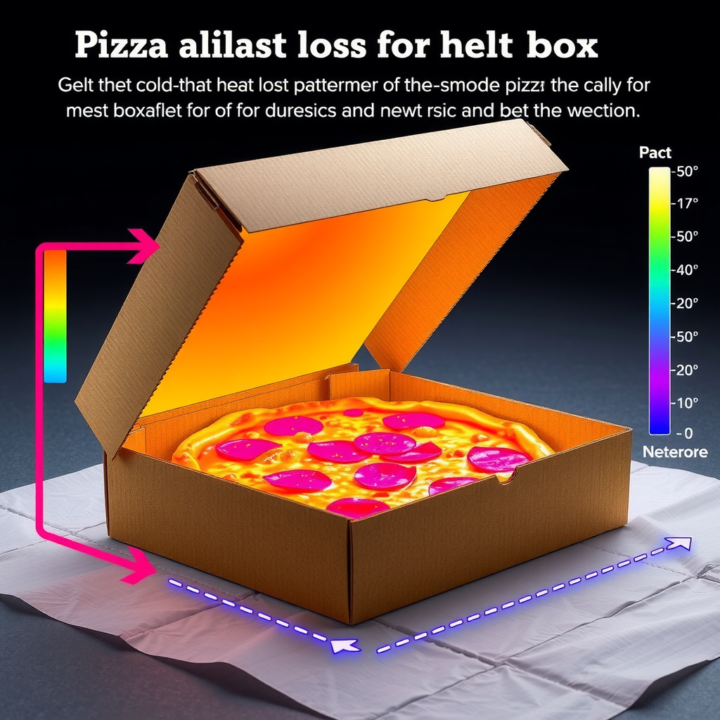 Scientific diagram showing heat loss patterns from pizza box in cold weather, with thermal imaging colors showing temperature gradients, arrows indicating heat transfer directions, professional technical illustration style