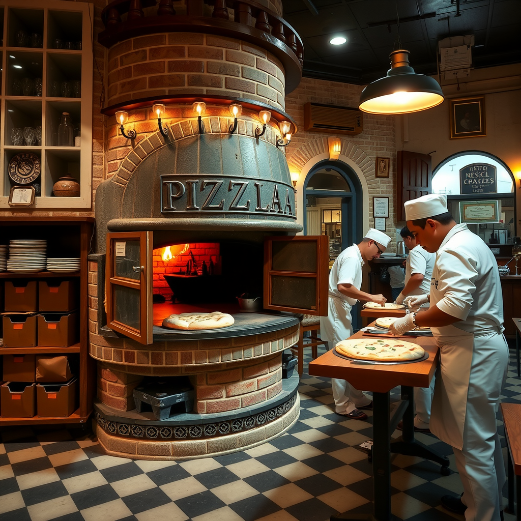 Traditional Neapolitan pizzeria in Naples with vintage wood-fired brick oven, pizza makers in traditional white uniforms working with dough, authentic Italian atmosphere with checkered floors and rustic walls, warm ambient lighting