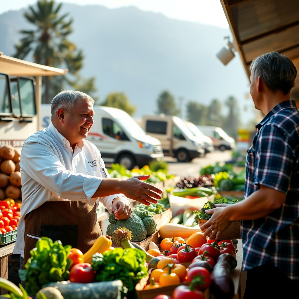 Salvatore's head chef and sourcing manager shaking hands with local farmers at an outdoor farmers market, with fresh produce displays and farm trucks in the background under morning sunlight
