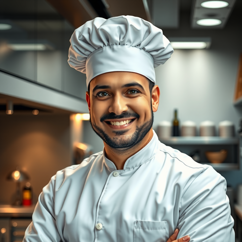 Head chef in professional white uniform and traditional chef hat, experienced Italian pizzaiolo with warm smile, standing in modern restaurant kitchen