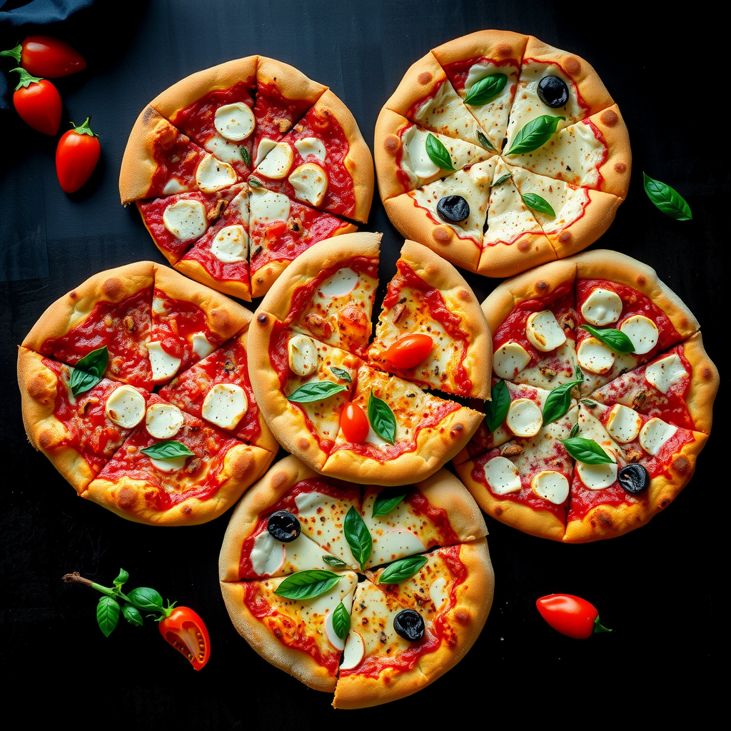 Collage of five different Italian pizza styles including Neapolitan, Roman, Sicilian, Pugliese, and Ligurian pizzas arranged artistically, each showing distinct crust characteristics and toppings, dramatic overhead lighting, professional food photography on dark background with rustic Italian elements