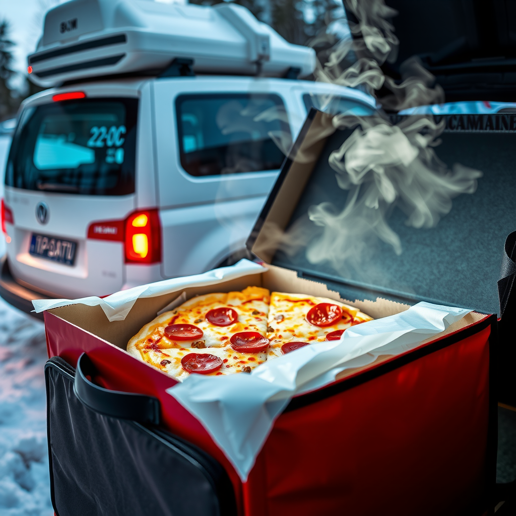 Innovative thermal insulated pizza delivery bag with steam rising from freshly opened box, showing piping hot pizza with melted cheese, set against snowy Canadian winter background with -20°C temperature display, modern delivery vehicle visible in background