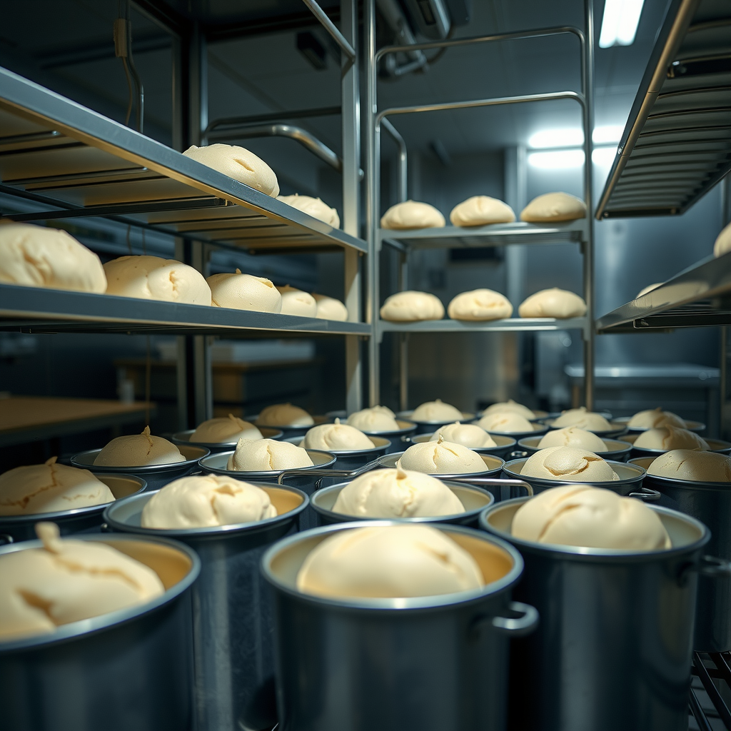 Professional kitchen scene showing multiple dough balls in individual containers arranged on stainless steel shelving in a temperature-controlled fermentation room, with visible condensation and professional lighting highlighting the dough's texture