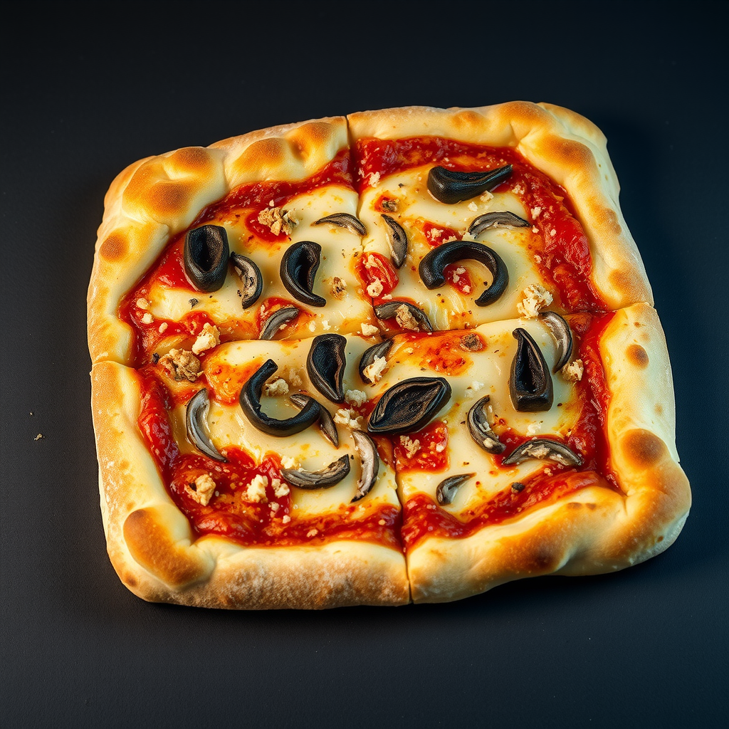 Thick square Sicilian sfincione pizza with fluffy, spongy crust, topped with tomato sauce, onions, anchovies, and breadcrumbs, cut into generous squares on dark slate, showing the characteristic airy interior texture and golden-brown bottom