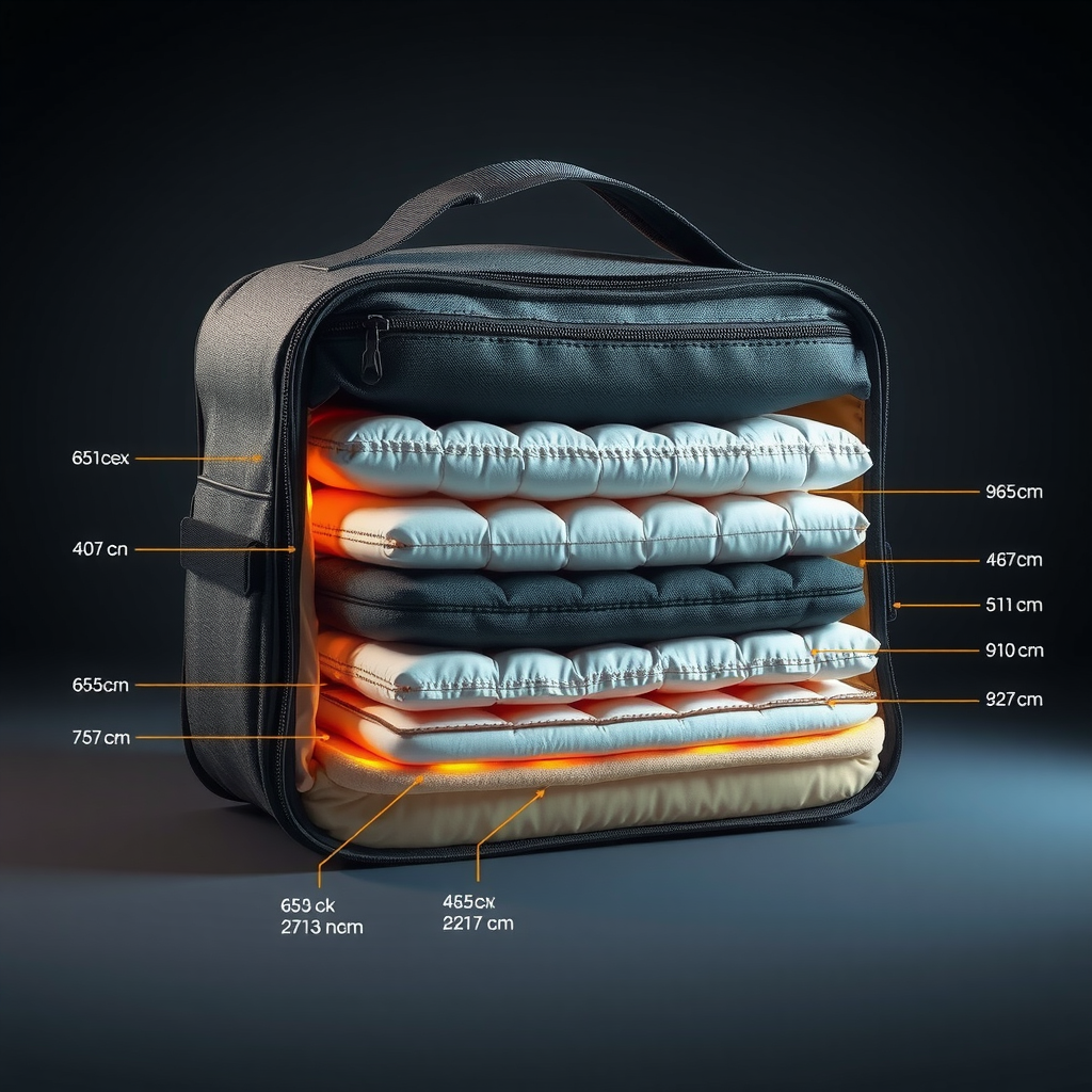 Cross-section view of Salvatore thermal delivery bag showing five distinct insulation layers, labeled with technical specifications, professional product photography with dramatic lighting highlighting each layer's texture and material