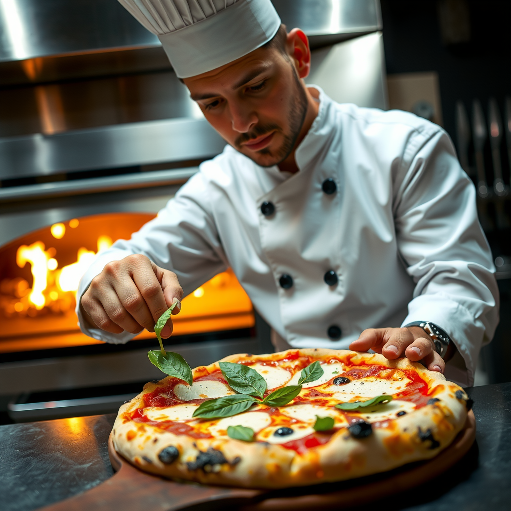 Head pizza maker Marco in chef's whites carefully placing fresh basil leaves on a perfectly cooked Margherita pizza, focused expression, wood-fired oven glowing in background, professional kitchen setting with stainless steel surfaces
