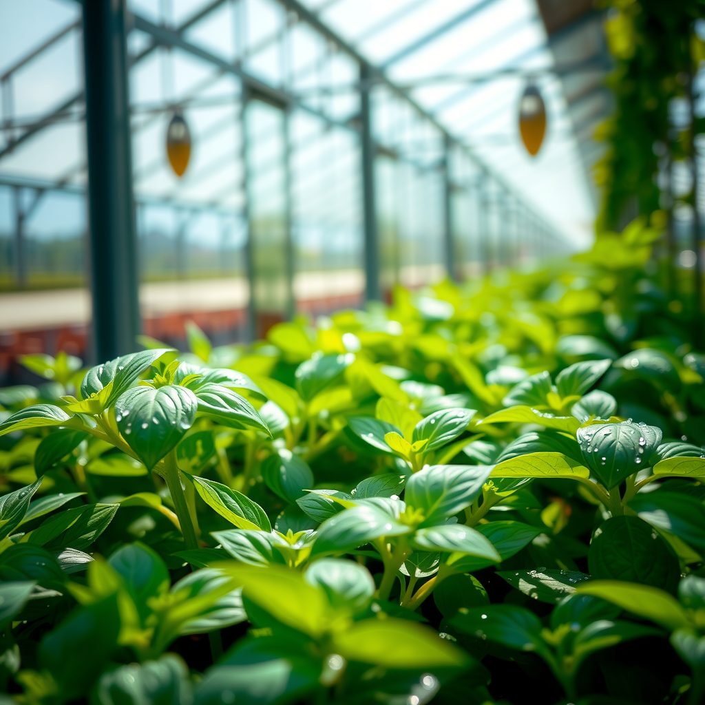 Close-up of vibrant green basil plants being harvested in a modern greenhouse, with water droplets on leaves and natural sunlight streaming through glass panels