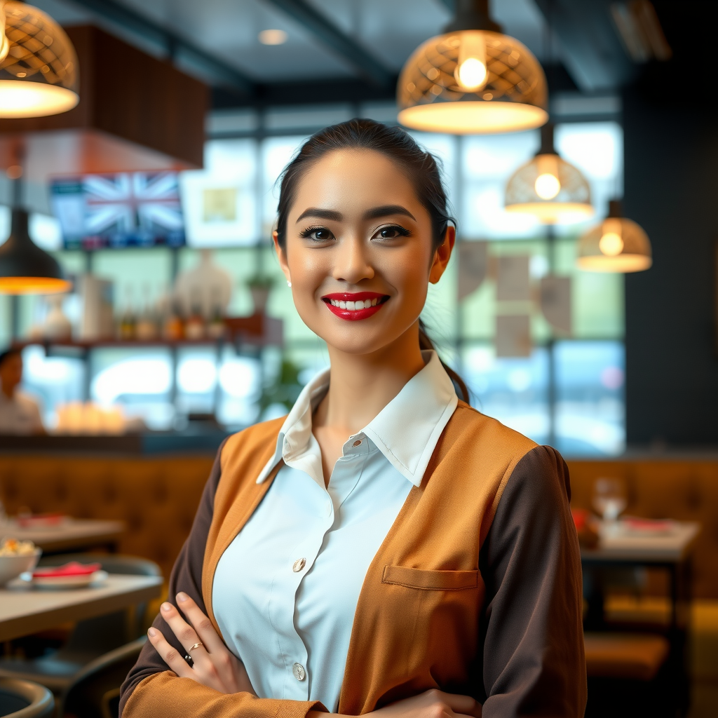 Restaurant manager in professional attire with welcoming expression, confident woman in business casual clothing, modern restaurant setting in background