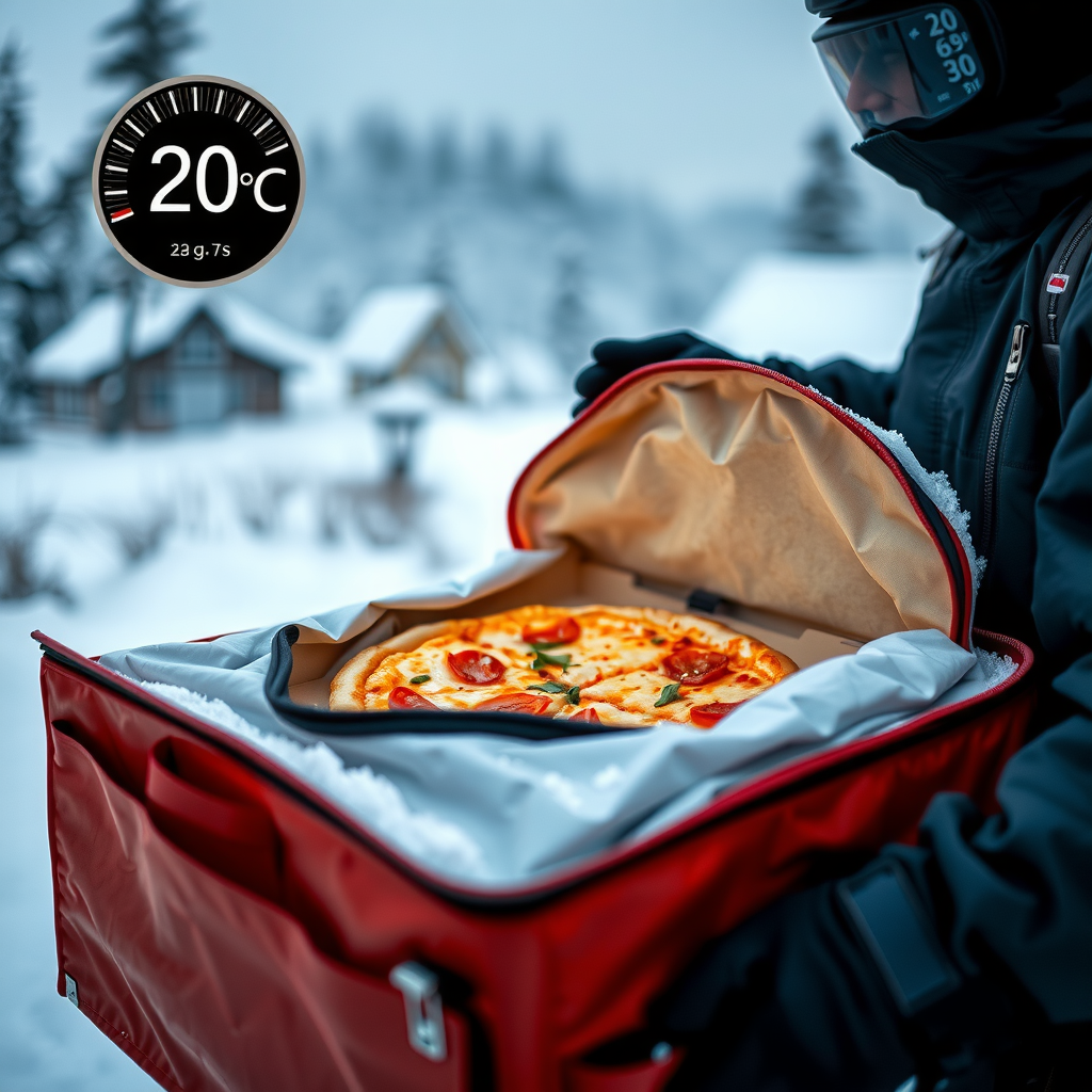 Thermal insulated pizza delivery bag being opened to reveal steaming hot pizza in snowy Canadian winter landscape with temperature gauge showing -20°C, delivery person in winter gear, professional photography showing innovative thermal technology and steam rising from fresh pizza