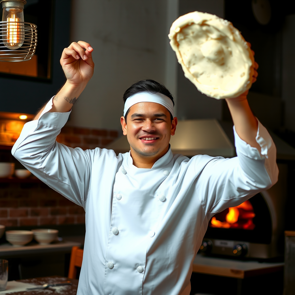 Professional portrait of skilled pizzaiolo in traditional white chef uniform tossing pizza dough in the air with confident expression, authentic Italian pizzeria kitchen in background with wood-fired oven, dramatic side lighting highlighting flour dust and craftsmanship