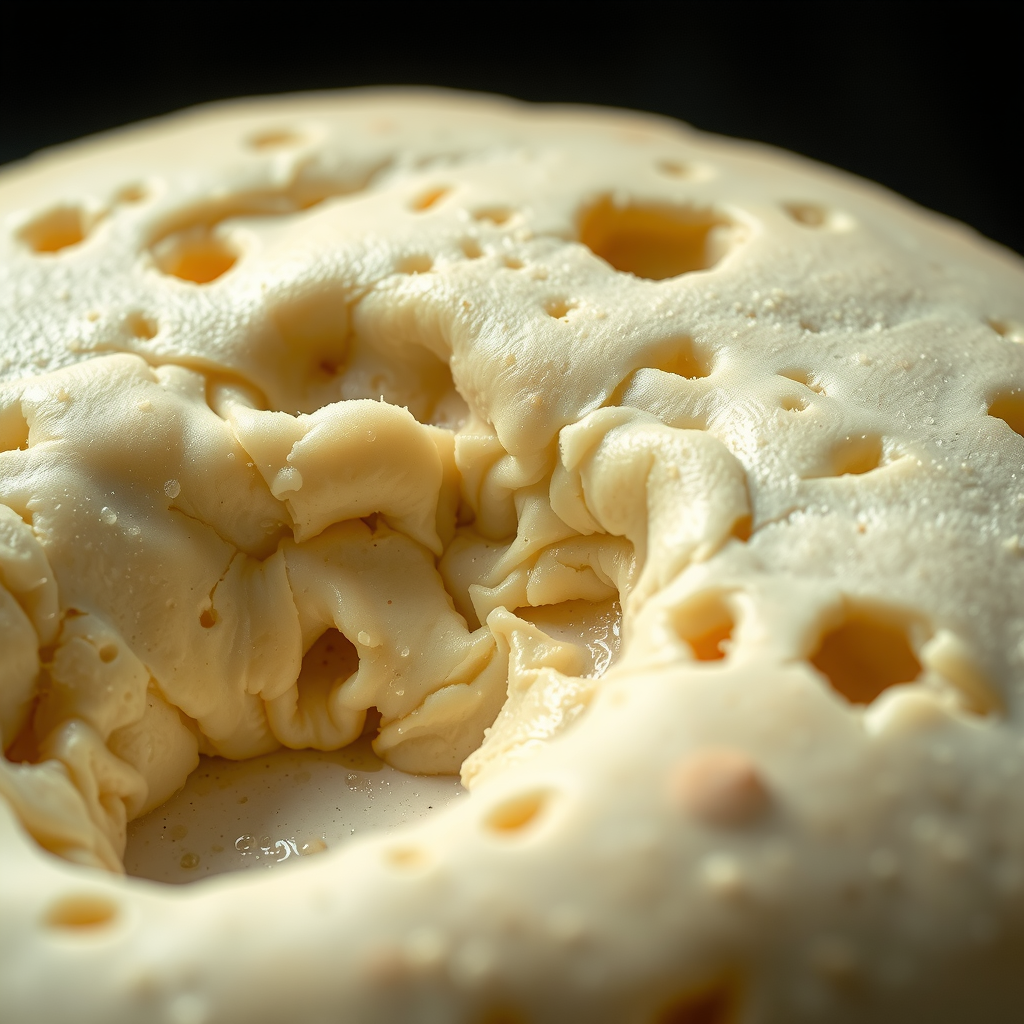 Extreme close-up macro photography of pizza dough showing the intricate gluten network structure, air bubbles, and silky texture, with dramatic lighting highlighting the dough's internal structure and elasticity