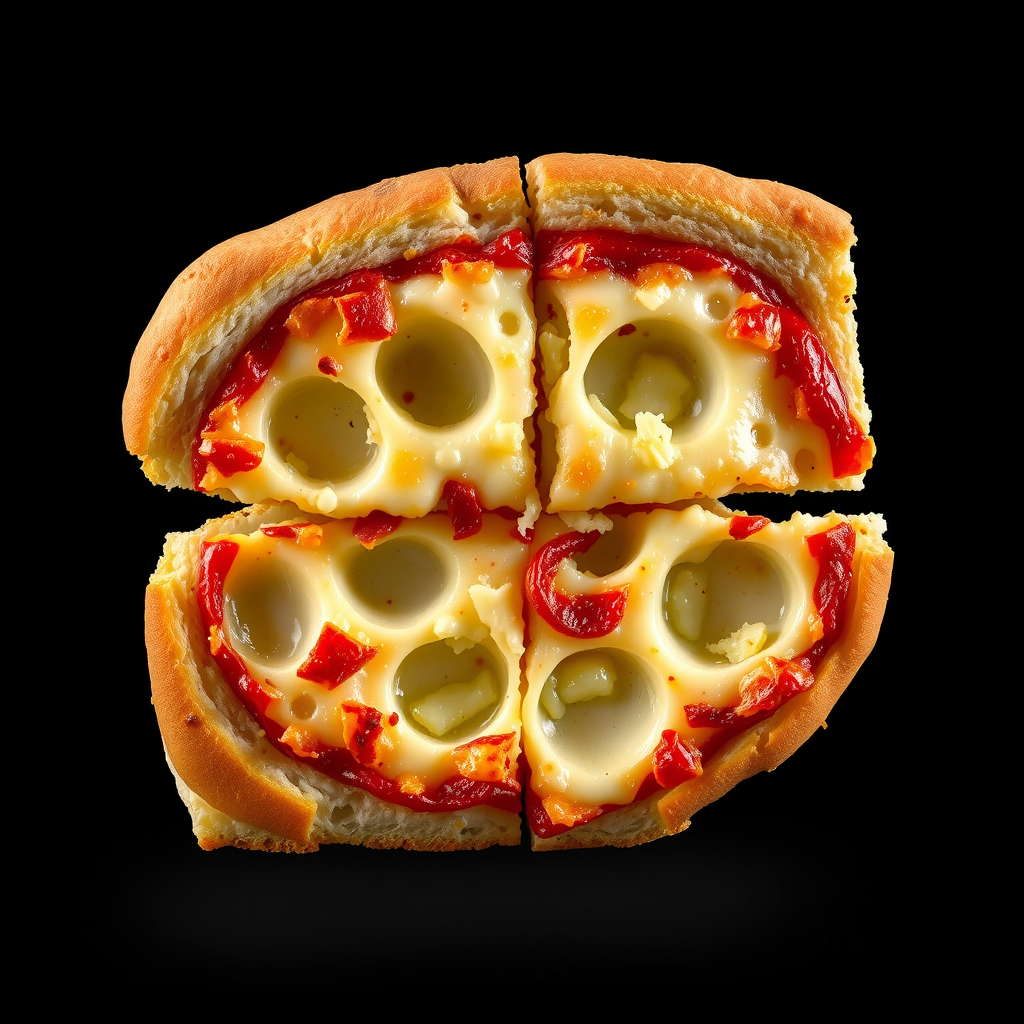 Cross-section view of Sicilian pizza showing the thick, airy crumb structure with large air pockets, golden crust, and layers of cheese and toppings, photographed against black background with dramatic side lighting
