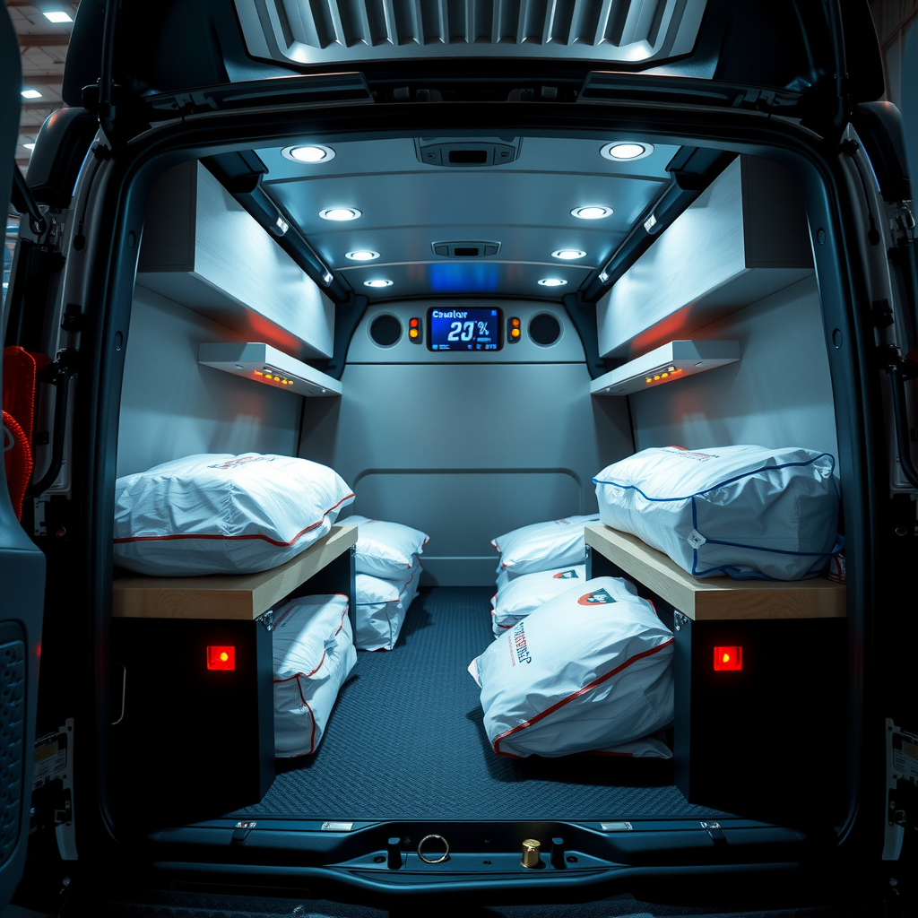 Interior view of Salvatore delivery vehicle showing custom heated cargo shelving system with thermal bags secured in place, LED temperature display visible, professional automotive photography with clean lighting
