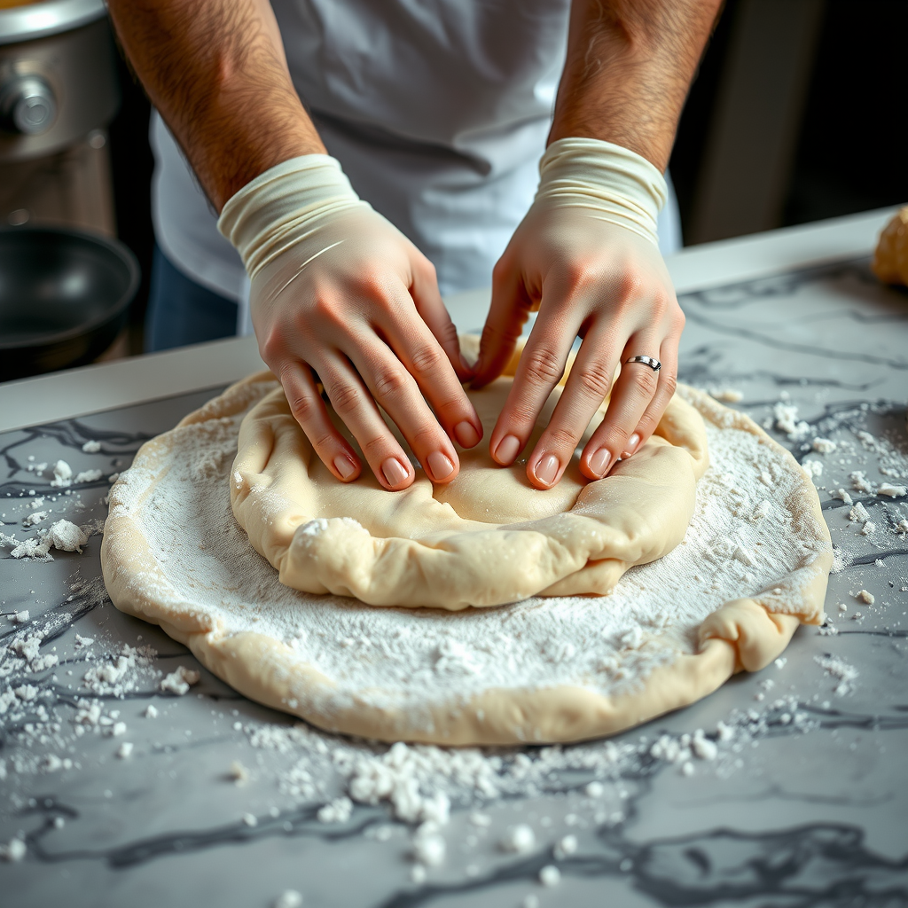 Close-up of hands kneading pizza dough on flour-dusted marble surface, showing proper technique and texture, natural lighting highlighting the elasticity of the dough, professional kitchen environment
