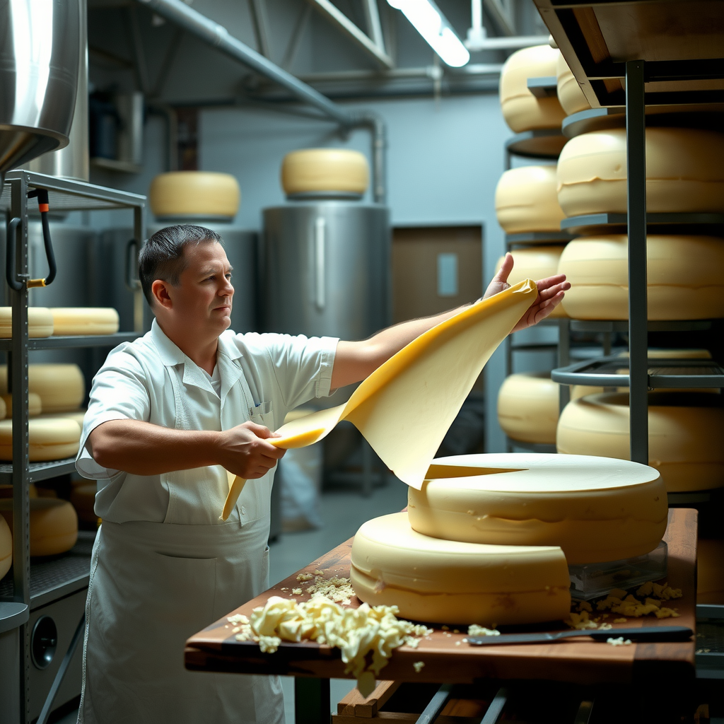Skilled artisan cheesemaker in white apron stretching fresh mozzarella cheese by hand in a traditional dairy facility, with stainless steel equipment and wheels of aging cheese visible in the background