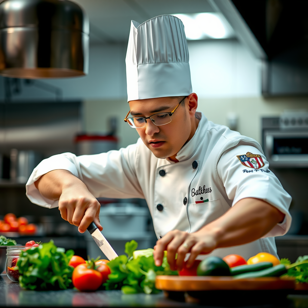Sous chef in kitchen uniform preparing fresh ingredients, skilled culinary professional with focused expression, commercial kitchen environment