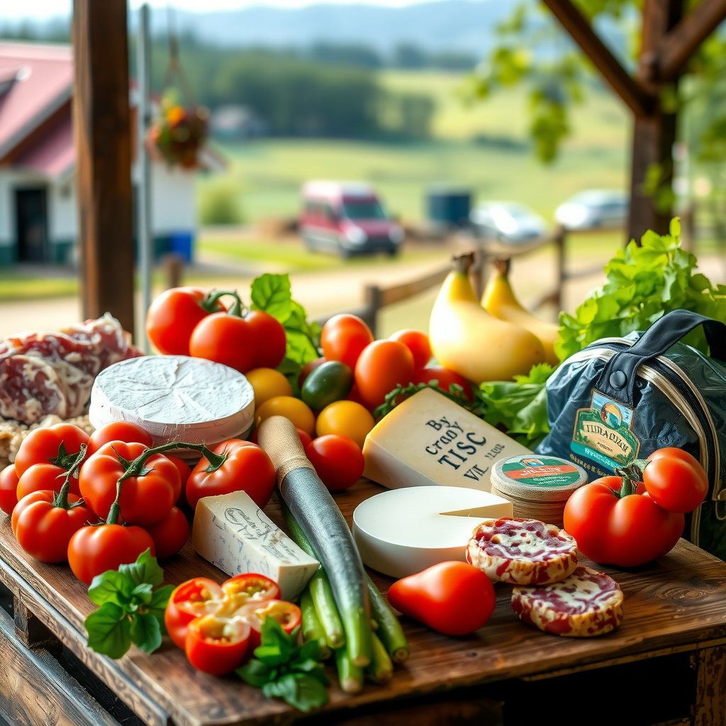 Vibrant display of fresh local Canadian farm produce including heirloom tomatoes, artisanal cheeses, organic vegetables, and premium meats arranged on rustic wooden crate with farm landscape in soft focus background, natural morning light emphasizing freshness and quality