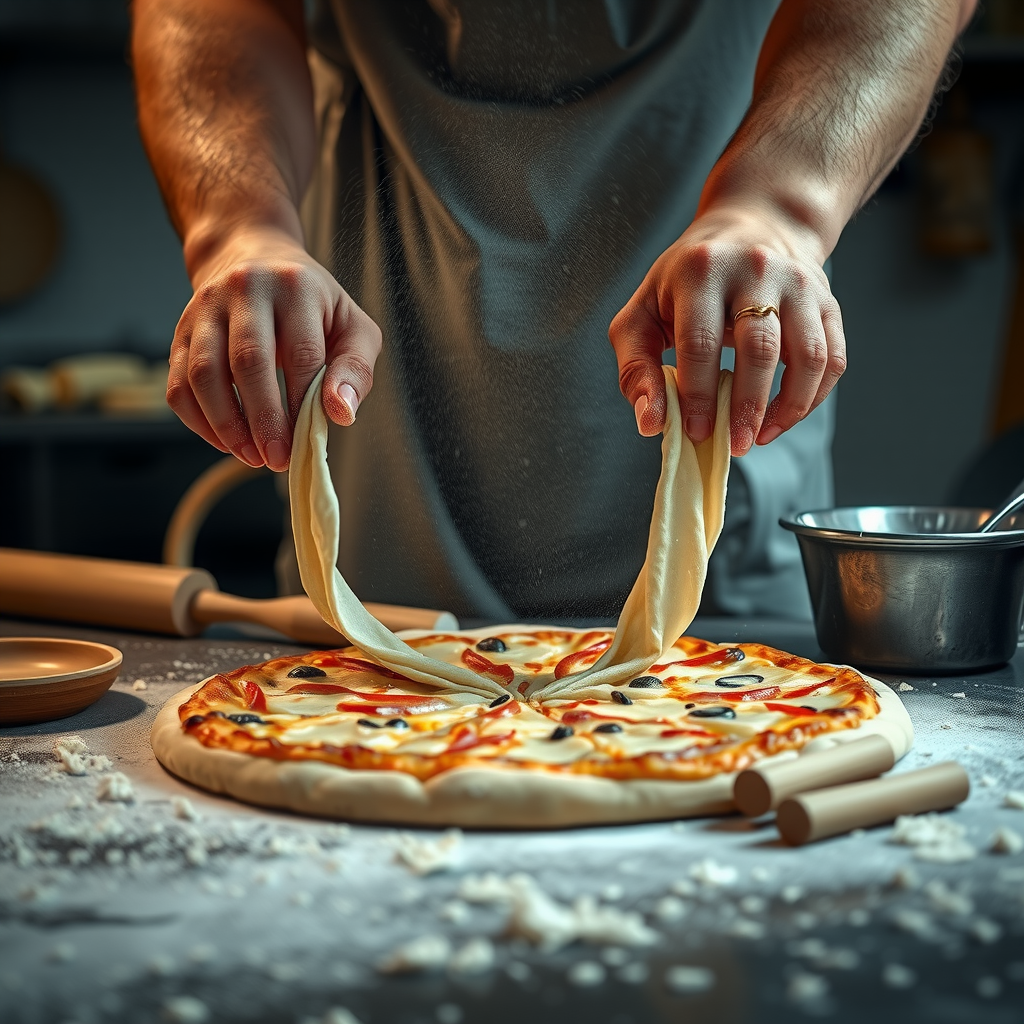 Skilled pizza maker's hands expertly stretching perfectly fermented dough in a professional kitchen, flour dust in the air, with traditional pizza-making tools and ingredients visible in the background, dramatic lighting emphasizing the craftsmanship