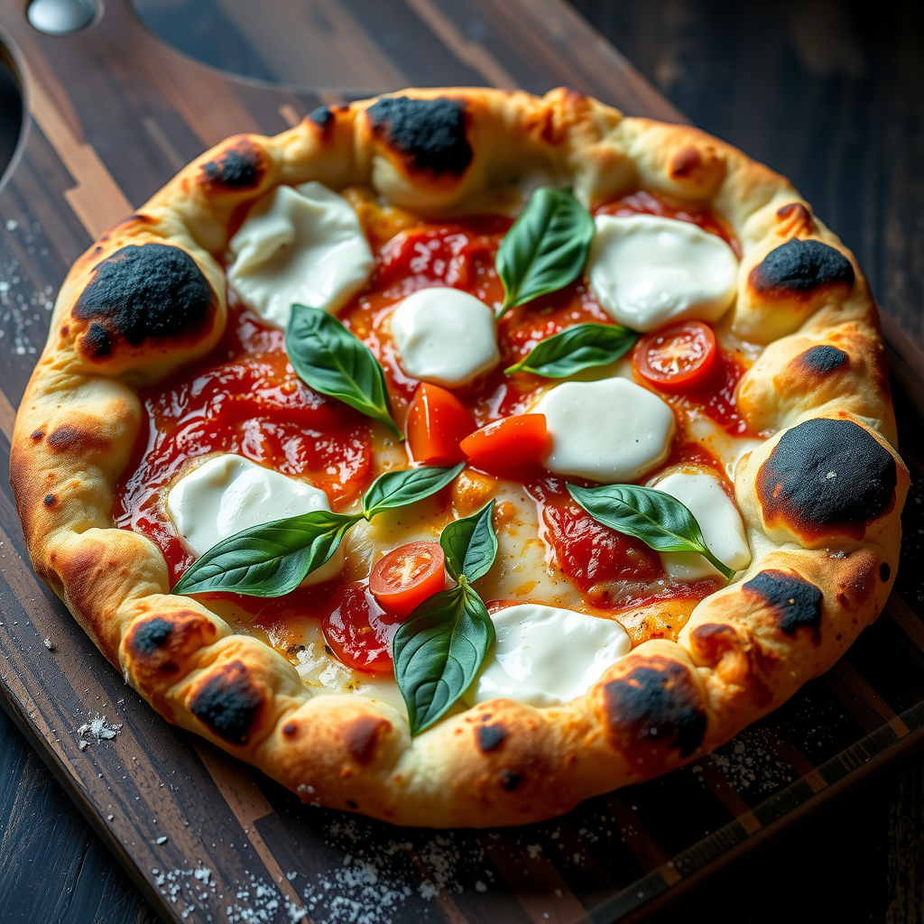 Authentic Neapolitan pizza with characteristic puffy, charred cornicione crust, San Marzano tomato sauce, fresh buffalo mozzarella, and basil leaves, on dark wooden peel with flour dust, showing the soft, foldable texture and leopard-spotted char marks
