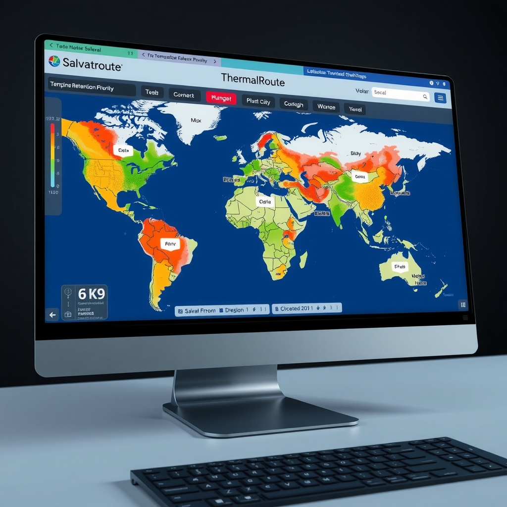 Computer screen showing Salvatore's ThermalRoute software interface with map displaying delivery routes color-coded by temperature retention priority, real-time weather overlay, and estimated arrival temperatures for each order
