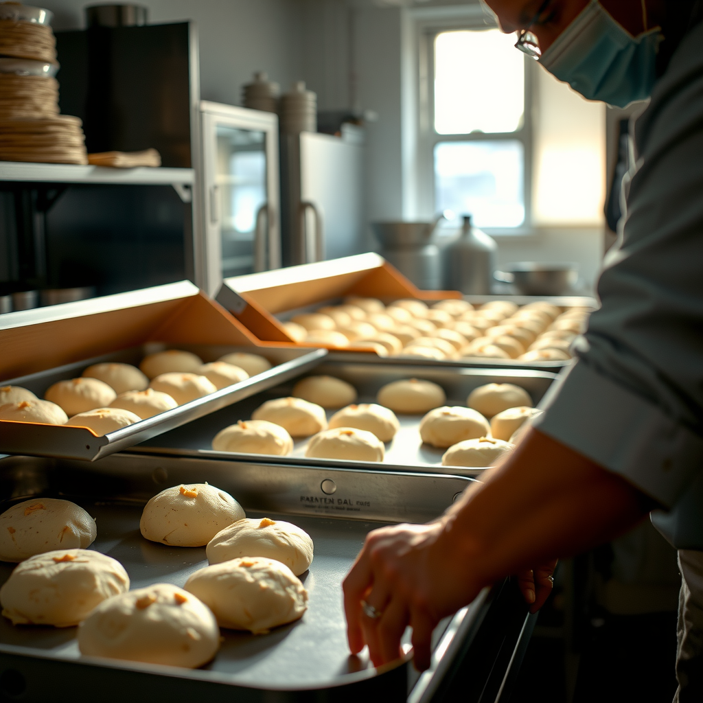 Pizza maker checking fermented dough balls in professional proofing boxes, early morning light streaming through kitchen window, organized rows of perfectly portioned dough, professional kitchen atmosphere
