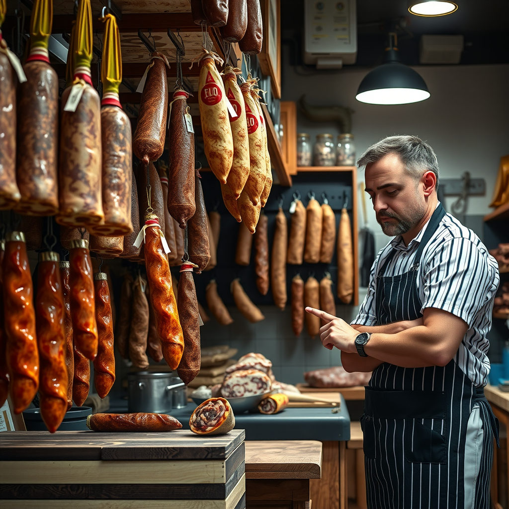 Traditional butcher shop interior with premium cured meats and salamis hanging from ceiling racks, wooden cutting blocks, and a master butcher in striped apron inspecting quality