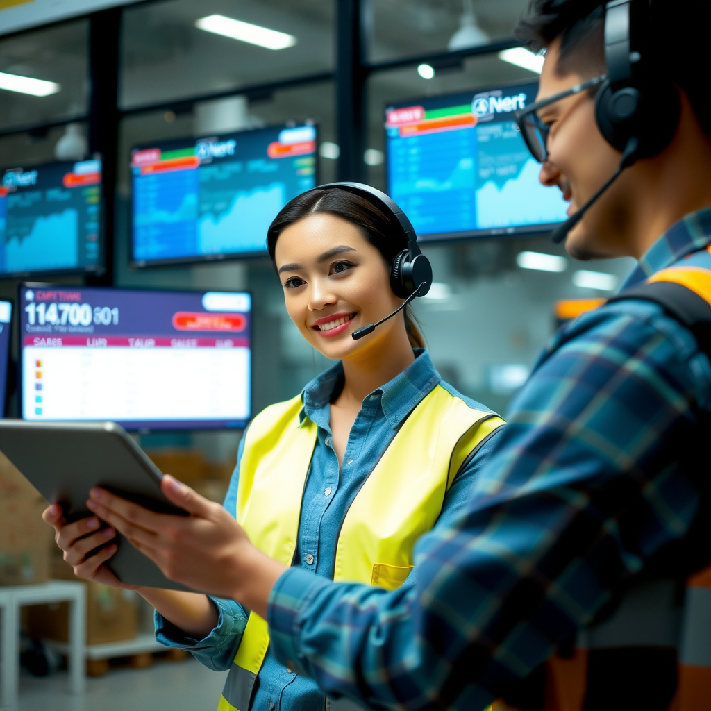 Delivery coordinator with tablet and headset, organized professional managing logistics, modern office setting with delivery tracking screens