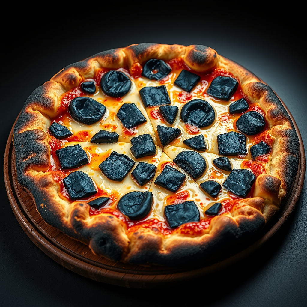 Beautifully baked Neapolitan-style pizza with perfectly charred leopard-spotted crust, showing the airy cornicione and ideal texture achieved through 72-hour fermentation, on a dark wooden board with dramatic lighting highlighting the crust's texture