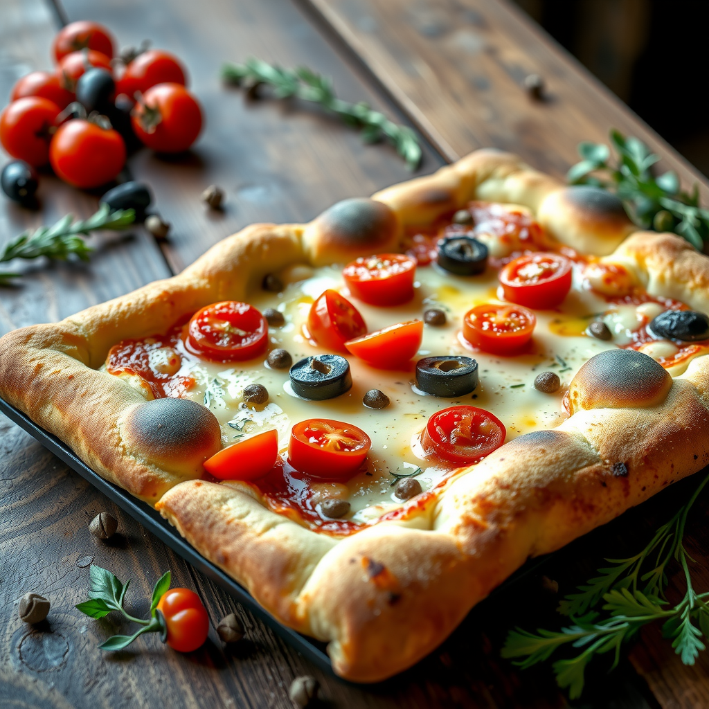 Rustic Pugliese pizza with thick, focaccia-like crust topped with cherry tomatoes, black olives, capers, and oregano, baked in rectangular pan with golden olive oil-brushed edges, displayed on weathered wooden table with Mediterranean herbs