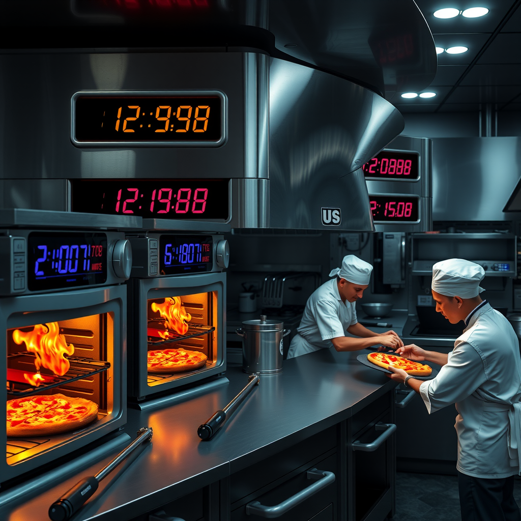 Salvatore kitchen with digital timing displays above each oven station showing synchronized countdown timers, chefs working with pizzas, thermal imaging overlay showing heat signatures, professional restaurant photography