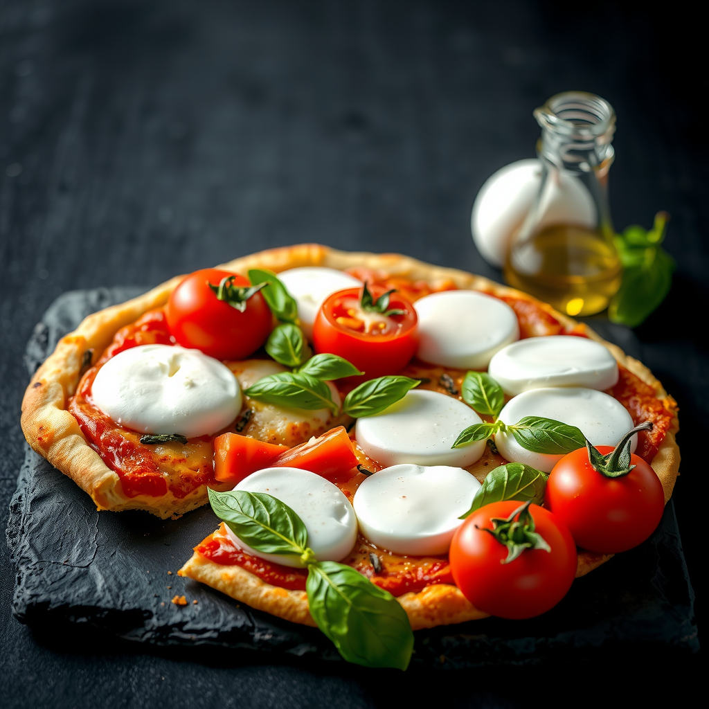 Artfully arranged fresh pizza ingredients on dark slate surface, including buffalo mozzarella, San Marzano tomatoes, fresh basil, extra virgin olive oil, professional food photography with dramatic lighting