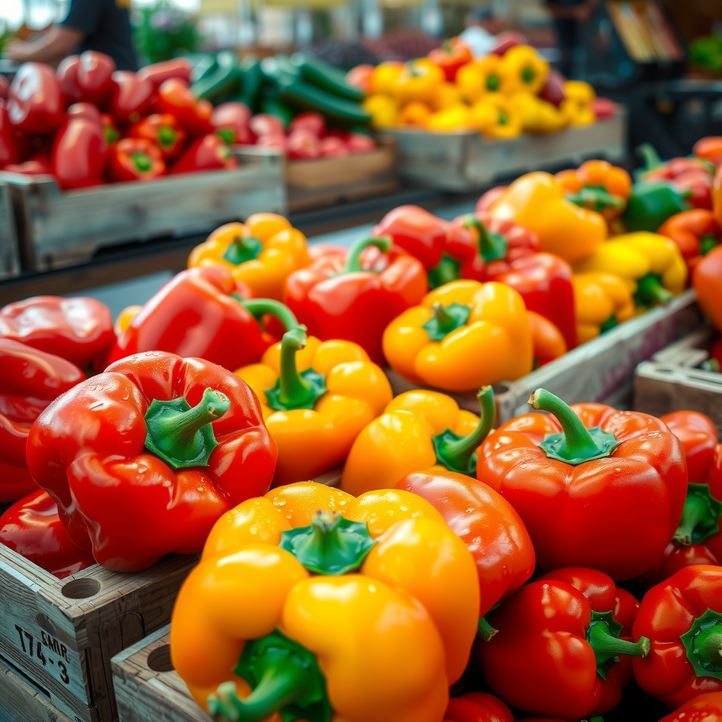 Vibrant red, yellow, and orange bell peppers freshly harvested and arranged in wooden crates at a farm stand, with morning dew visible on their glossy surfaces