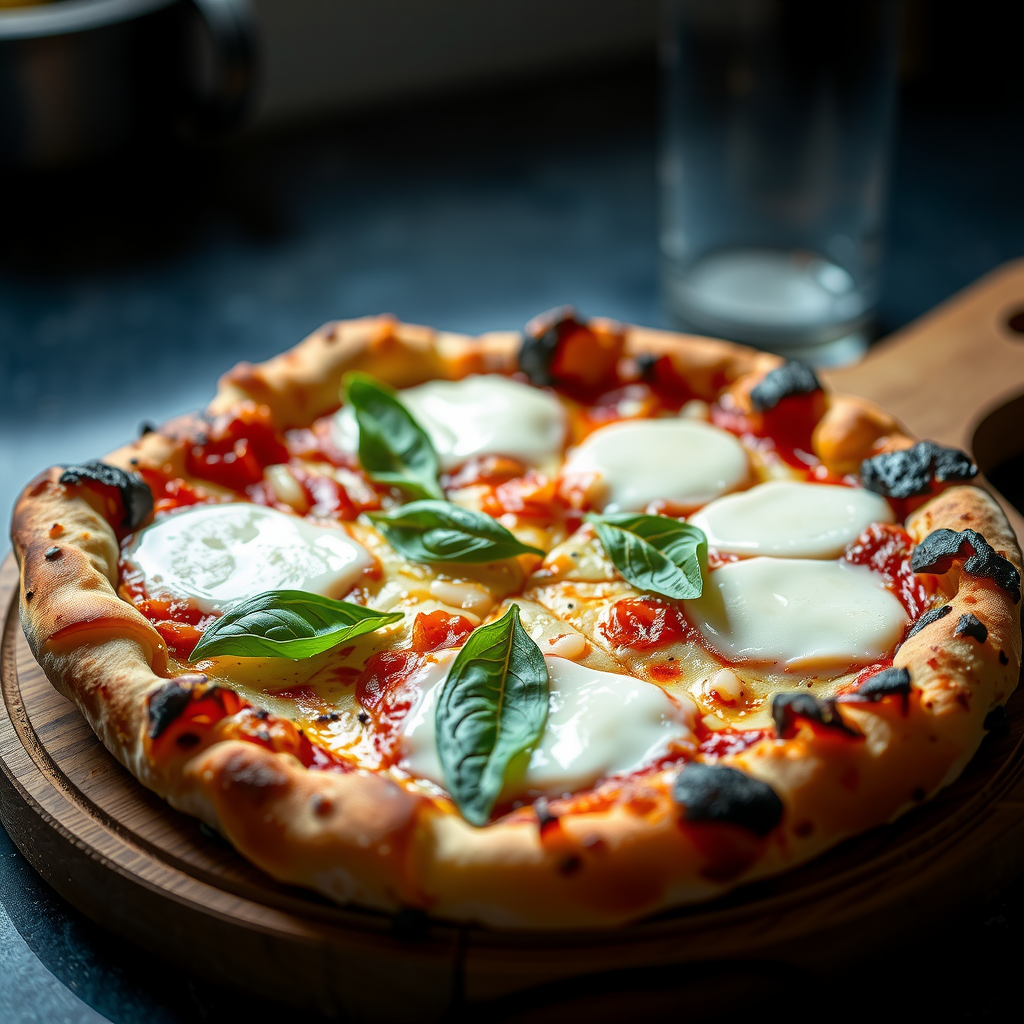 Perfectly crafted artisan pizza with melted mozzarella, fresh basil, and charred crust, professional food photography with dramatic lighting, rustic wooden board presentation