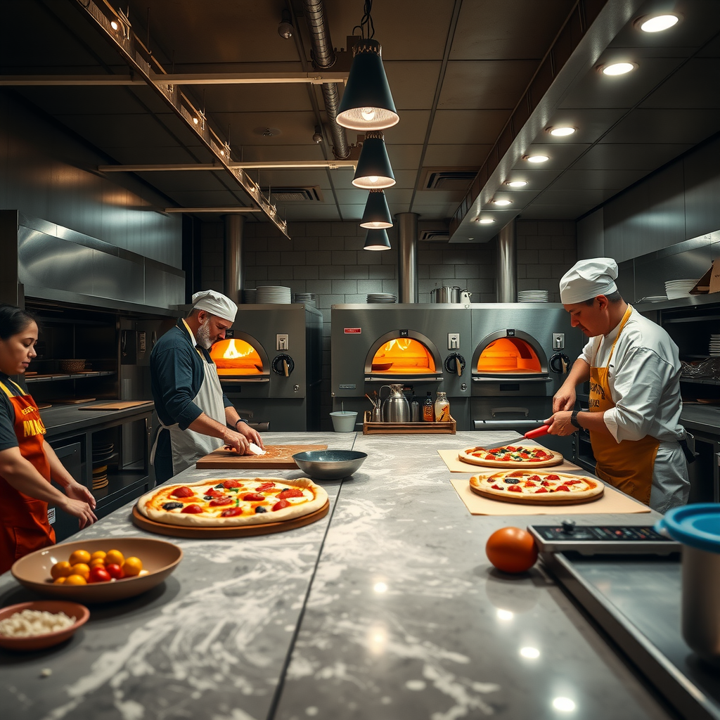 Wide shot of Salvatore's professional kitchen showing multiple pizza makers working with dough, wood-fired ovens in the background, organized workspace with premium ingredients, warm lighting creating an inviting atmosphere of craftsmanship and tradition